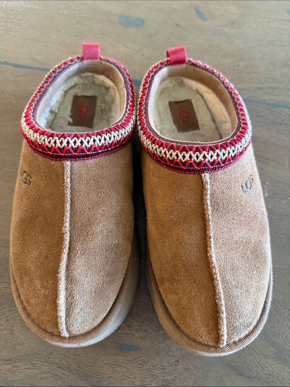 UGG Kids Chestnut Suede Slippers with Red Trim